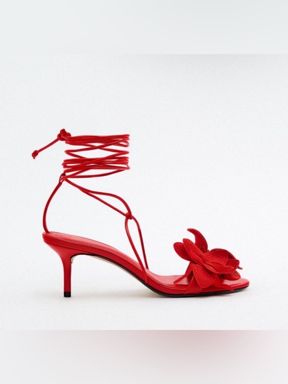 Zara Red Floral Lace-Up Kitten Heel Sandal - 7.5
